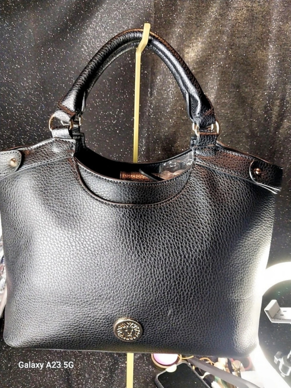 Anne Klein Black Pebbled Satchel Gold Lion Logo W/ Removeable Crossbody Strap